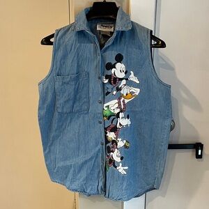 Vintage Hawaiian Disney Blue Denim Vest with Mickey Mouse Graphic